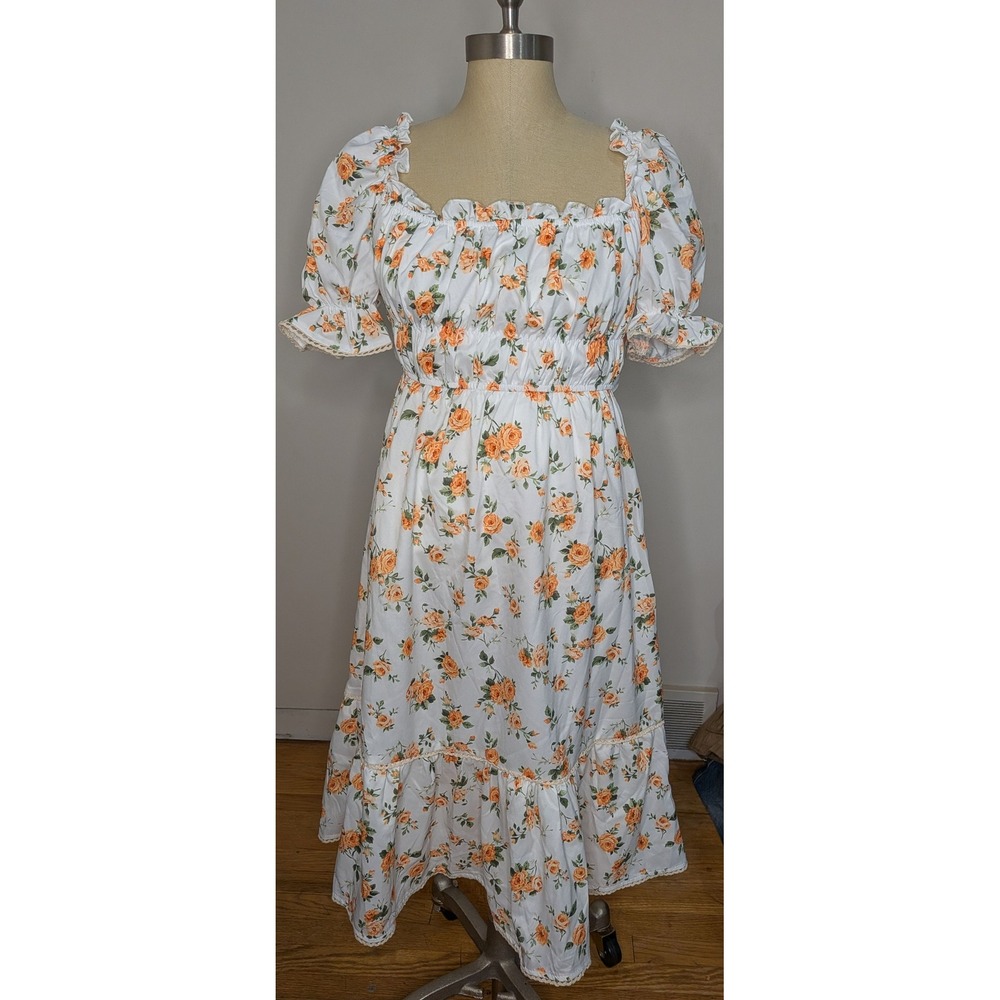 Women M Floral Puff Sleeve Milkmaid Tiered Midi Dress Cottagecore Boho Romantic